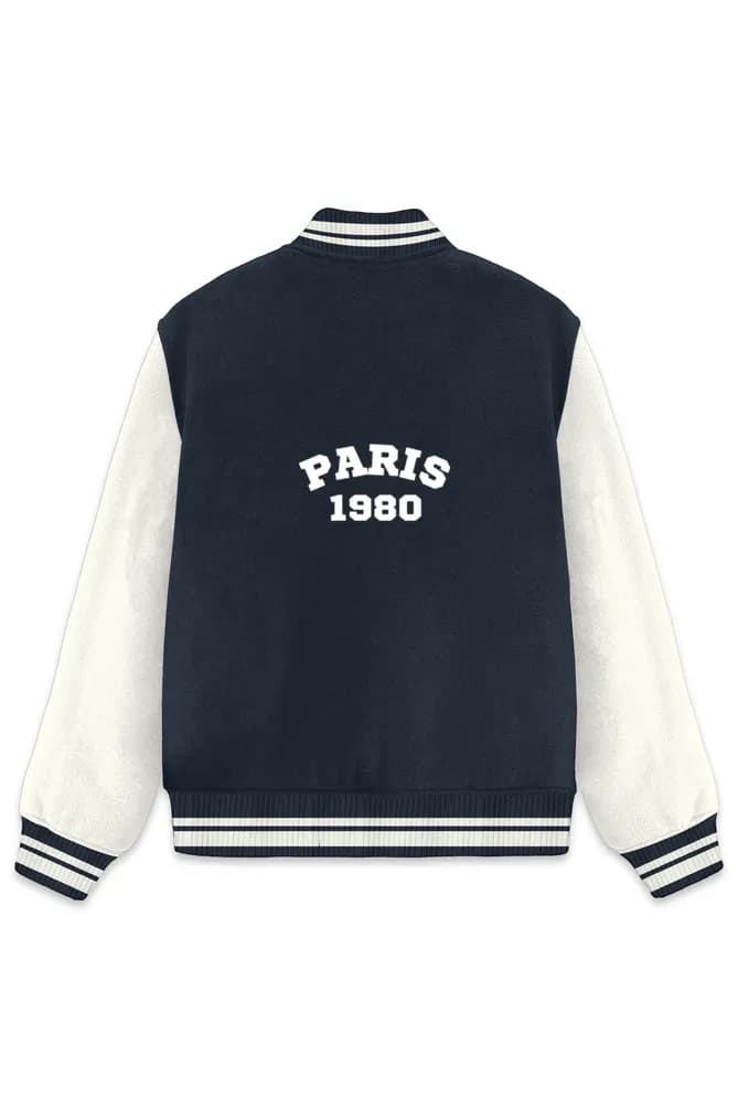 Unisex Paris 1980 Varsity Jacket Navy Blue 320 GSM Premium cotton | Dripsquadx