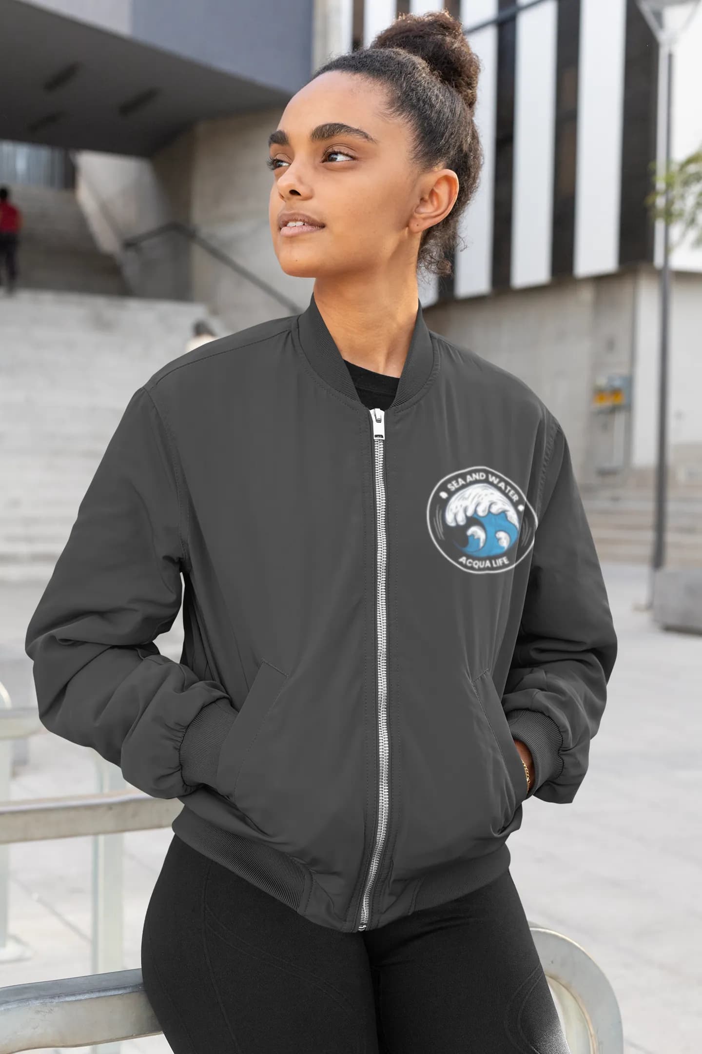 Unisex Aqua Life Bomber Jacket Charcoal grey Black 320 GSM Premium cotton | Dripsquadx A Refreshing Take on Classic Style